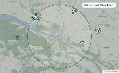 Mapa okolic miasta z sylwetkami samolotów — Niebo nad Płockiem